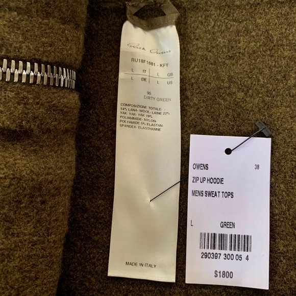 NWT RICK OWENS FW 18 Sisyphus Zip Up "Dirty Green" Hooded Sweater Wool Gorgeous - Picture 5 of 15